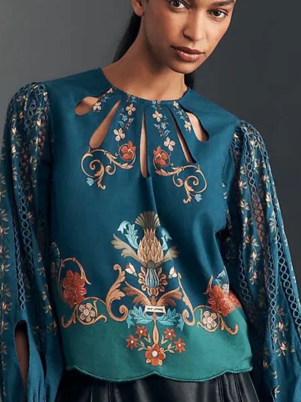 FARM Rio Teal Floral Embroidered long Sleeve Eyelet Blouse 🔥 Size L